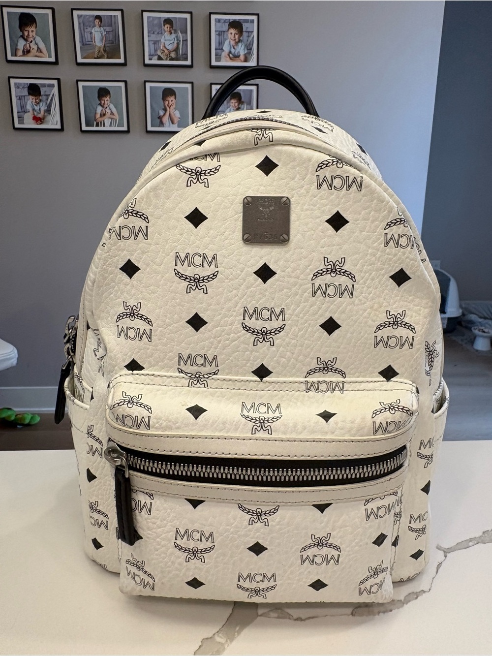 MCM White Logo Print Stark Backpack with Black Accents
